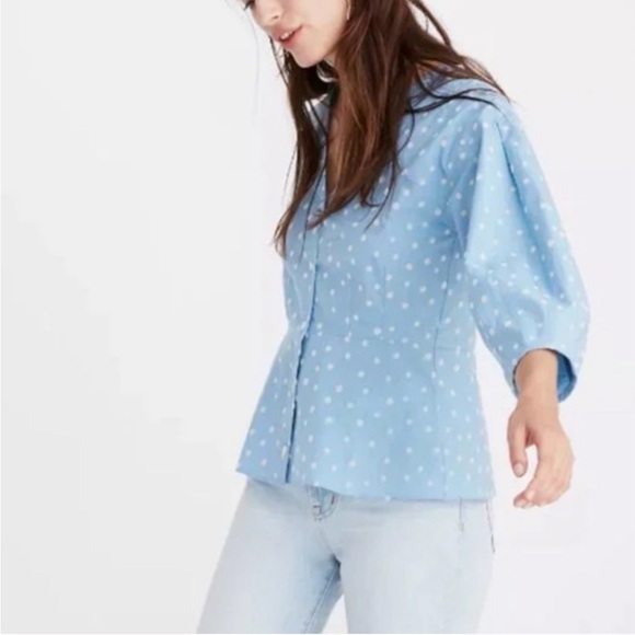 Madewell Florentine peplum top in ink spot dots blue blouse top size 6 - Picture 2 of 8